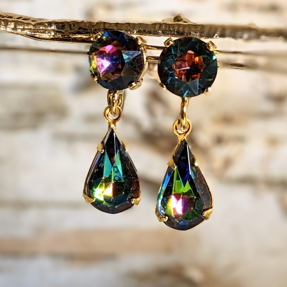 Volcano Vitrail In Two Swarovski Crystals Drop Down Gold Plated Earrings
